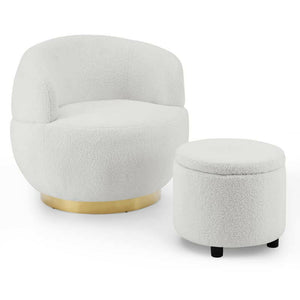 Teddy - Ivory Fabric Swivel Chair with Gold Base and Storage Ottoman