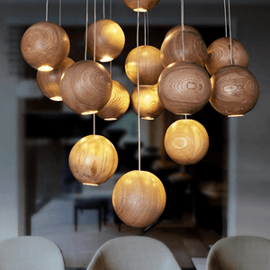 Wooden Orb Sphere Cluster Chandelier With LED Bulbs | Bright & Plus.